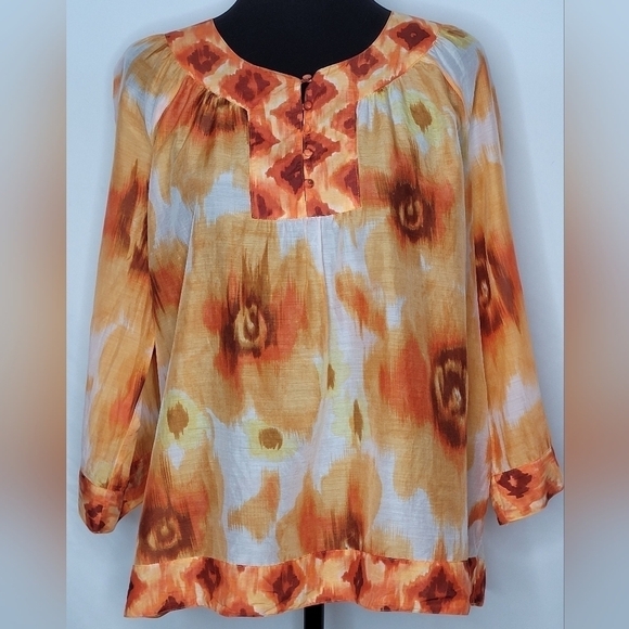 Talbots Vibrant Orange Floral 3/4 Sleeve Lightweight Breezy Blouse - Size MP - Picture 1 of 9
